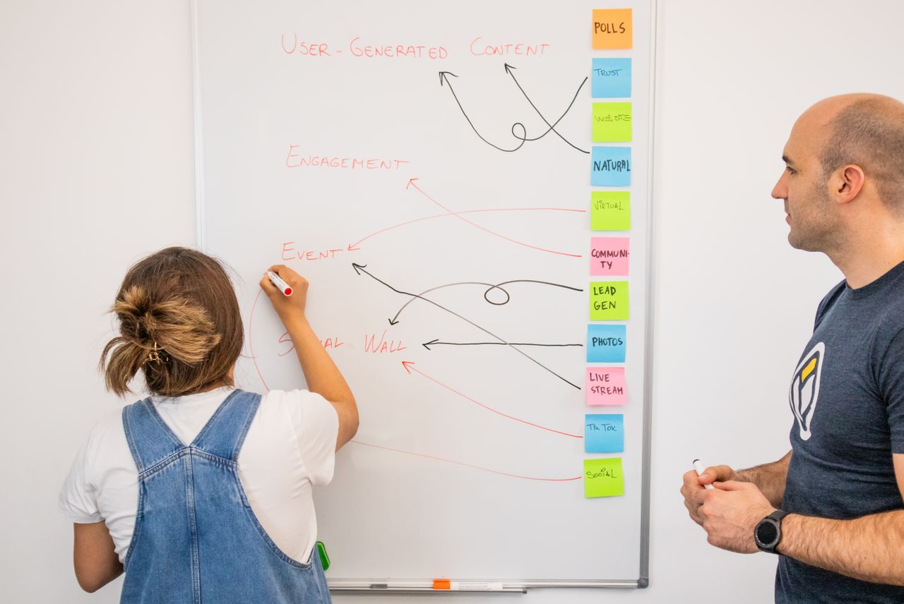 services-04 Two colleagues collaborate on a marketing strategy using a whiteboard, focusing on user-generated content.